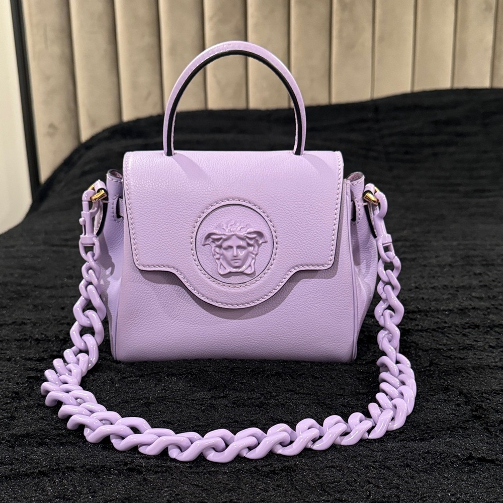 Versace Calfskin Small La Medusa Top Handle Handbag Lilac